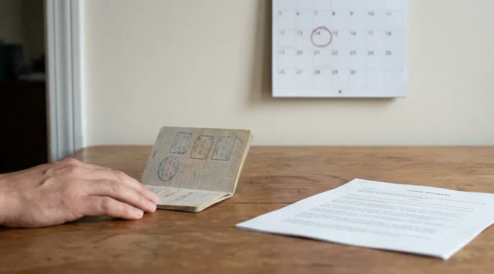 hand holding stamped passport beside legal document and wall calendar with circled date