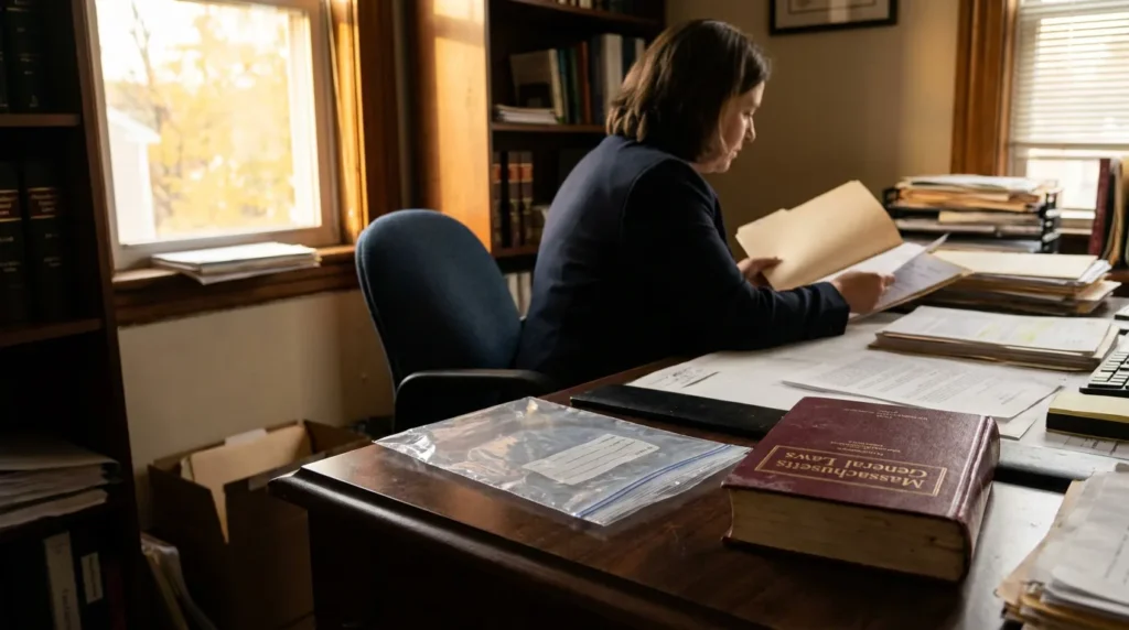 attorney reviewing case folder at desk with Massachusetts General Laws book