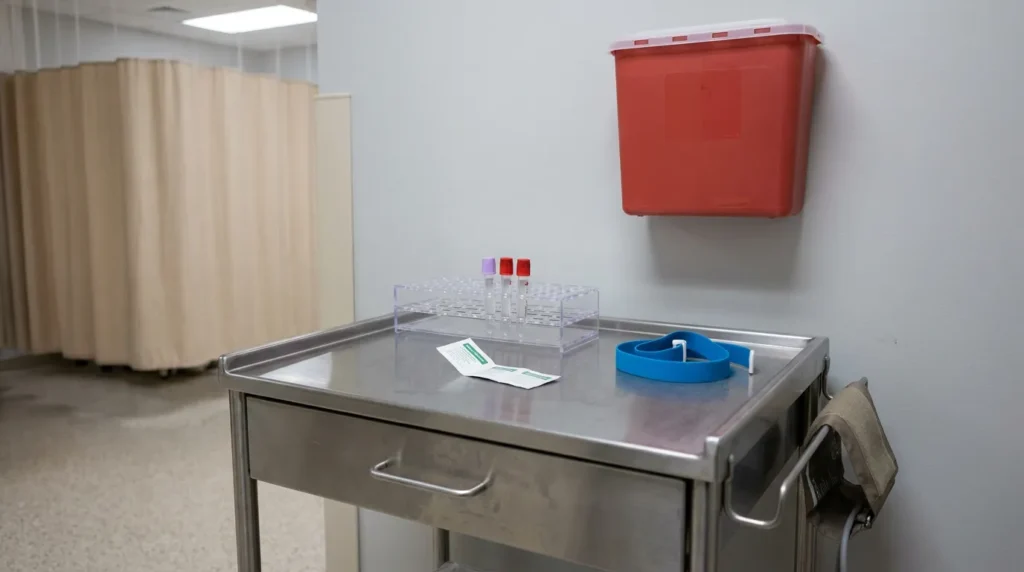 medical exam room with blood draw cart, specimen tubes, tourniquet, and sharps container