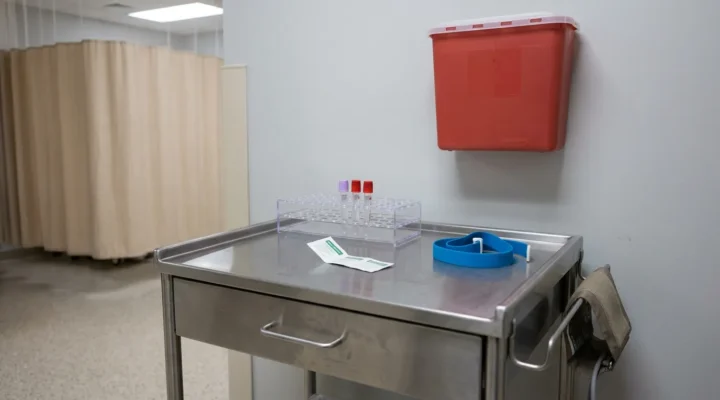 medical exam room with blood draw cart, specimen tubes, tourniquet, and sharps container