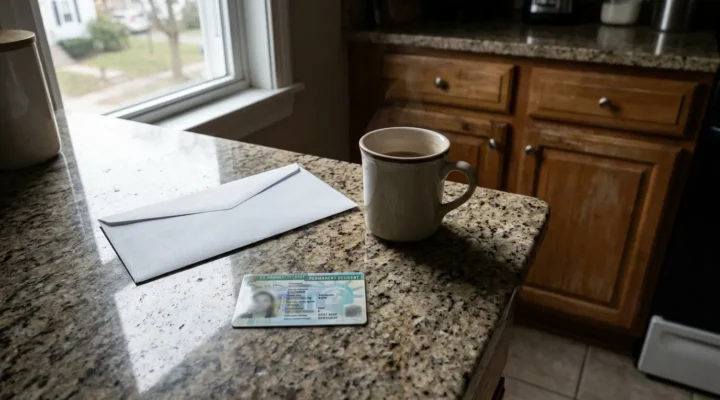 Permanent Resident green card beside envelope and coffee mug on kitchen counter