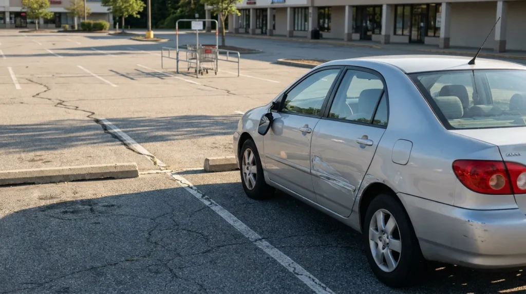 Sedan with dented door panel parked alone in empty shopping center lot