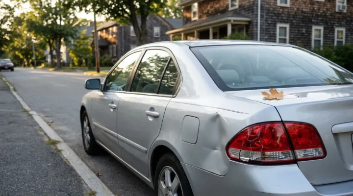 sedan with dented rear quarter panel and cracked tail light parked on residential street