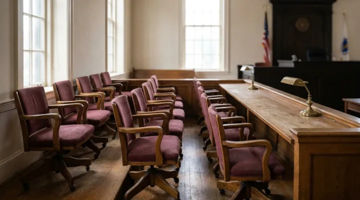 Empty courtroom jury box with upholstered chairs, wooden desks, and brass lamp
