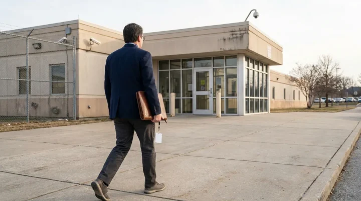 suited attorney carrying leather portfolio walking toward secured detention facility entrance