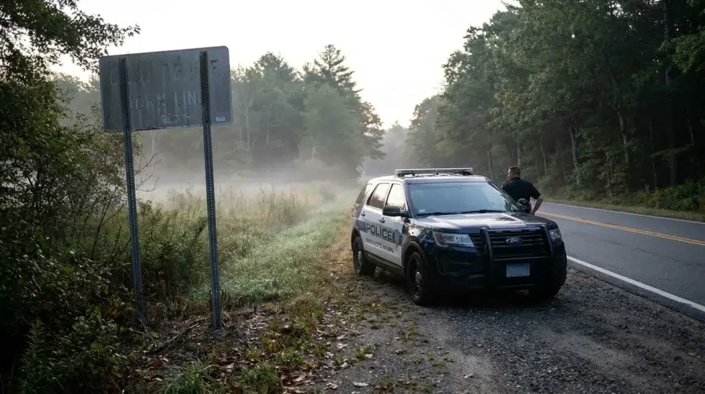 police SUV parked beside town line road sign on rural wooded highway