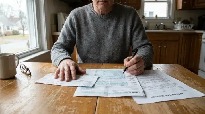 person completing IRS 1040 tax form and Affidavit of Support at kitchen table