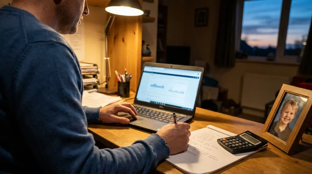 man reviewing financial charts on laptop beside calculator and framed child photo