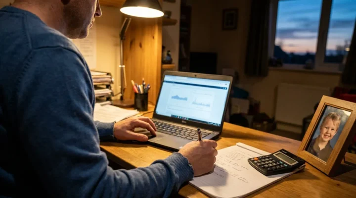 man reviewing financial charts on laptop beside calculator and framed child photo